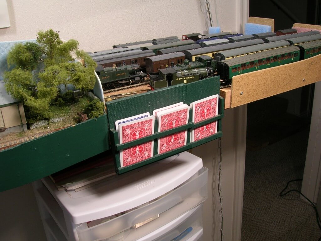 RM01-6 Wagon cards in holder at Staging Yard. Two are for wagons in trains, the third for wagons not currently on the layout.